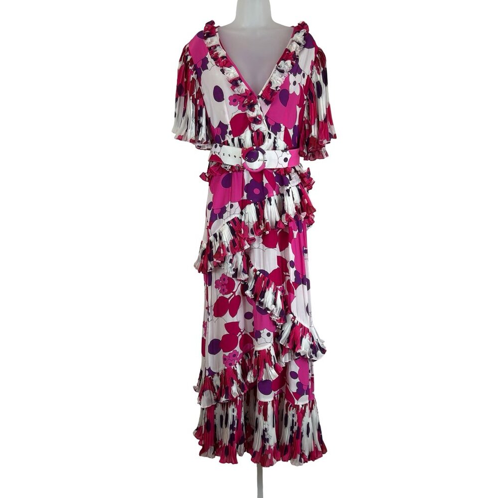 NWT CeliaB Zafiro Pleated V Neck Belted Midi Dress Purple Floral Large